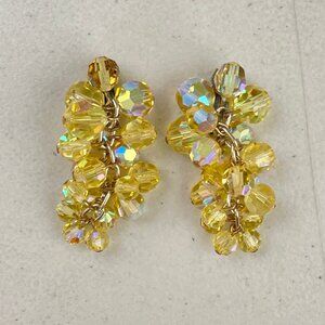 Vintage Earrings Iridescent Crystal Dangle Clip Fancy Holiday Special Occasion